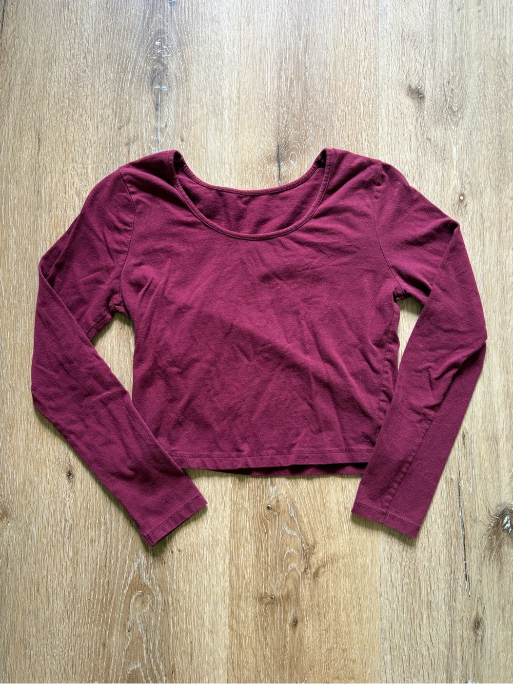 Dark Red Long Sleeve Scoop Neck Crop Top
